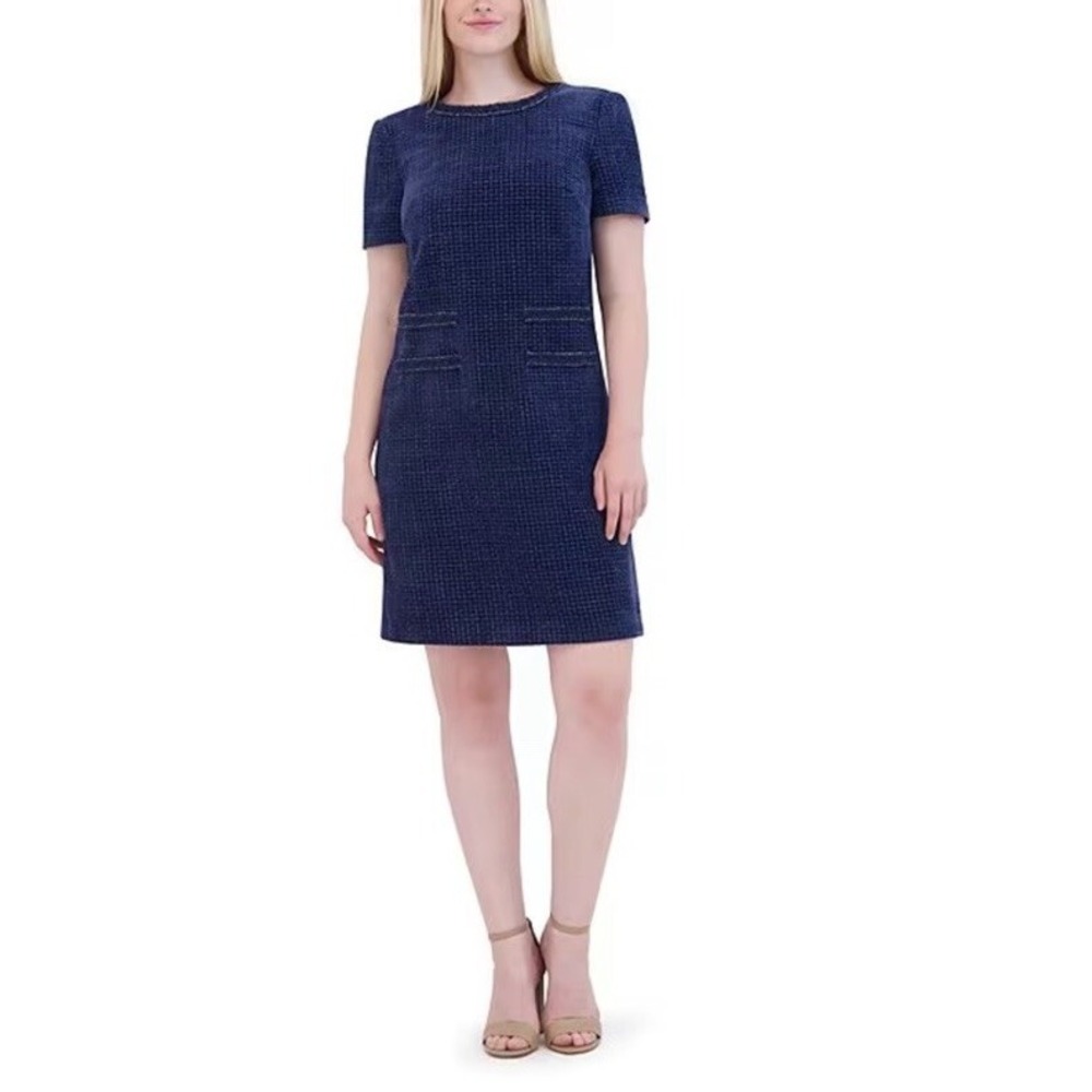 Eliza J Fit & Flare Dress Women Large Navy Blue Short Sleeve Pointelle Knit